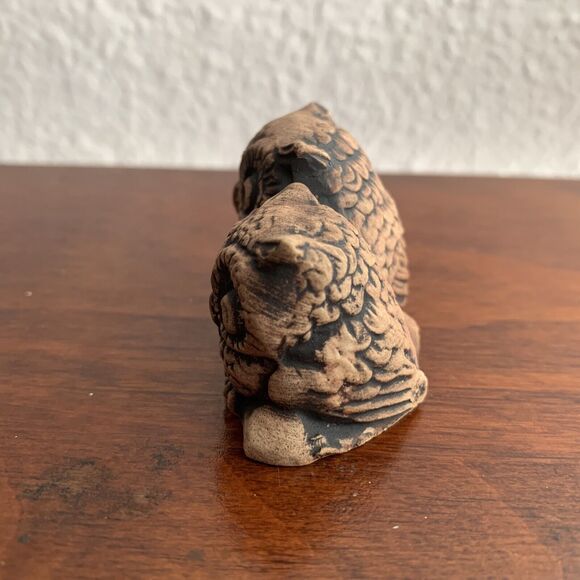 Vintage Pair Of Hoot Owls Sitting On A Log Tan Ceramic Mini Figure 70s Fall - Picture 4 of 6